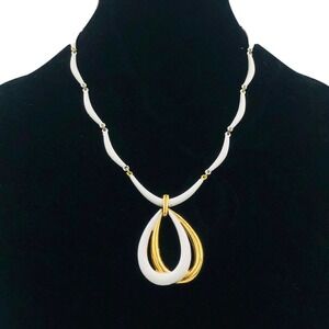 Vintage Crown Trifari White Enamel Bar Link Necklace with Tear Drop Pendant